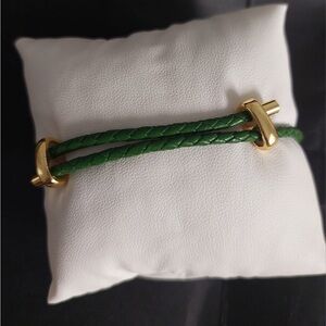 Hand made Green Braided Leather Bracelet with Gold Hardware
